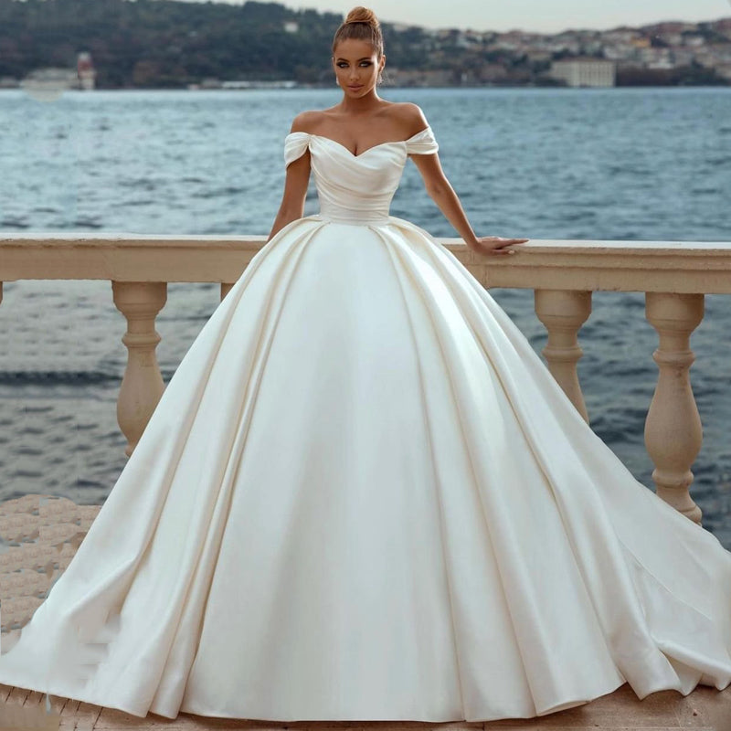 Dresses 2023 Off Shoulder Sweep Train Bride Dress Lace Up Back Satin Wedding Evening Gown Vestido De Novia
