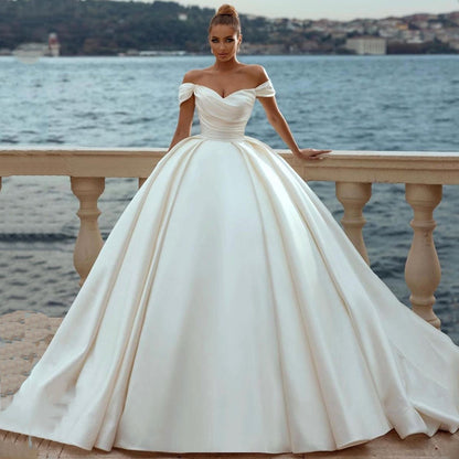 Dresses 2023 Off Shoulder Sweep Train Bride Dress Lace Up Back Satin Wedding Evening Gown Vestido De Novia