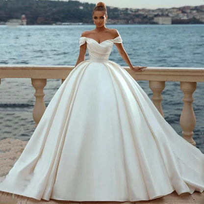 Dresses 2023 Off Shoulder Sweep Train Bride Dress Lace Up Back Satin Wedding Evening Gown Vestido De Novia