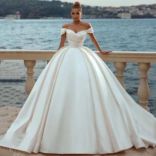 Dresses 2023 Off Shoulder Sweep Train Bride Dress Lace Up Back Satin Wedding Evening Gown Vestido De Novia