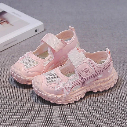 2026 summer new girls' bow mesh toe sandals soft and casual beach sandals children's outdoor walking non slip flat shoes