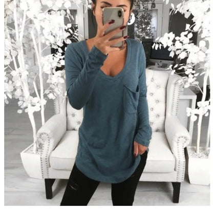 Women's Solid Color Fashion V-neck Long Sleeved T-shirt Ladies Casual Simple T-shirt