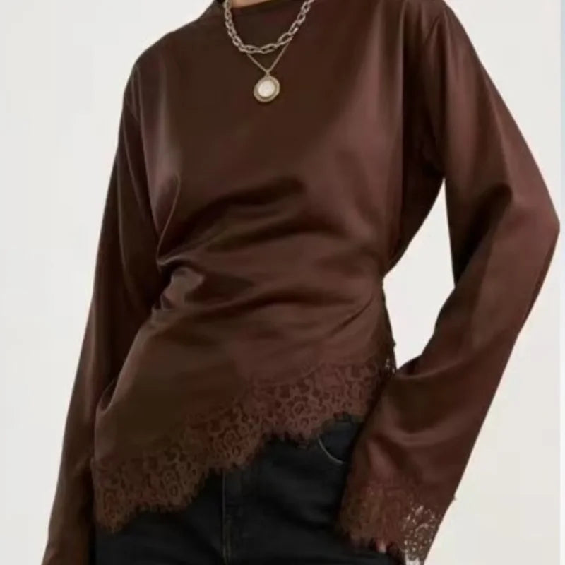 Women's Satin Blouse With Lace Trim Fashion O-neck Long Sleeve Lace Up Waist Irregular Tops 2026 Spring New Chic Lady Streetwear