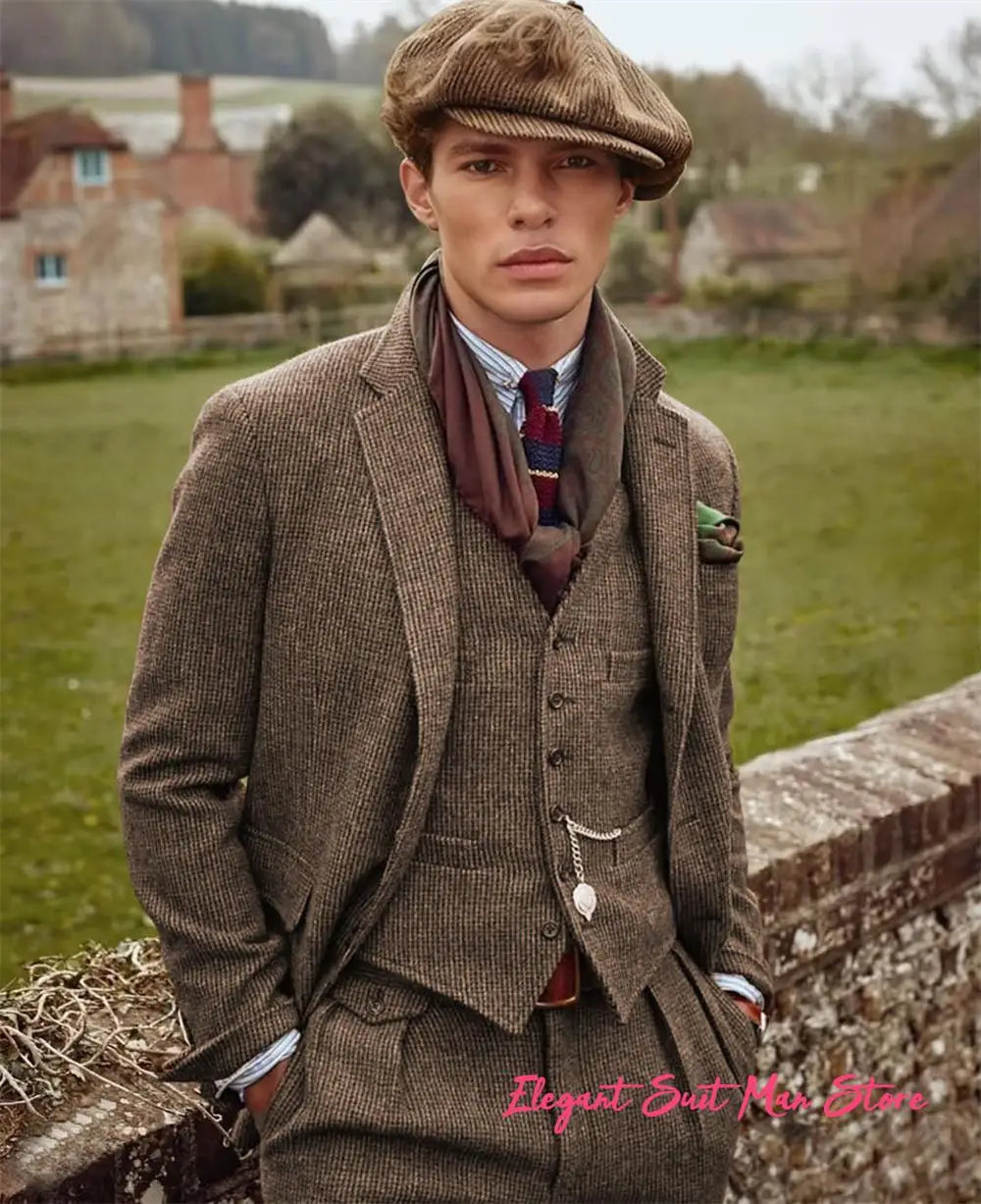 European Retro Wool Blend Men’s 3PC Suit Set Business (Jacket+Pants+Vest)Wedding Part Prom Dinner Wrok Travel Dinner Banquet