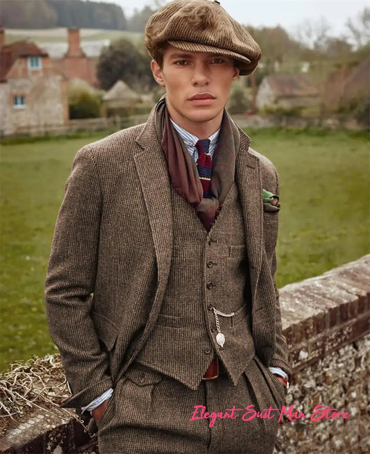 European Retro Wool Blend Men’s 3PC Suit Set Business (Jacket+Pants+Vest)Wedding Part Prom Dinner Wrok Travel Dinner Banquet