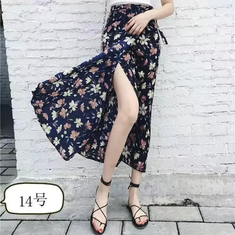 Wrap Skirts Women Casual Chiffon Tie-Waist Ruffle Wide Leg Loose