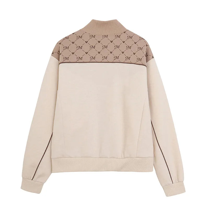 Embroidery Zip Up Sweatshirt Women Casual Stand Collar Bomber Jacket Patchwork Contrast Color Jumper Outwear Top