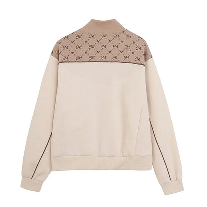 Embroidery Zip Up Sweatshirt Women Casual Stand Collar Bomber Jacket Patchwork Contrast Color Jumper Outwear Top