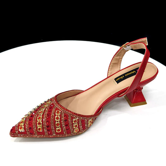 Red Color Elegant Women Heels Nigeria Popular Designer African Ladies Shoes And Bag Set for Wedding