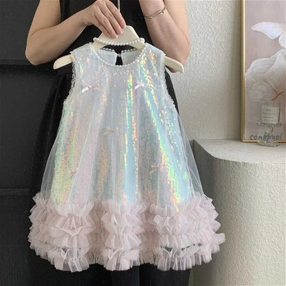 2-7 Years Girls Tulle Fairy Princess Dress Summer Sleeveless Butterfly Star Sequined Children Puffy Skirt Birthday Party Gift