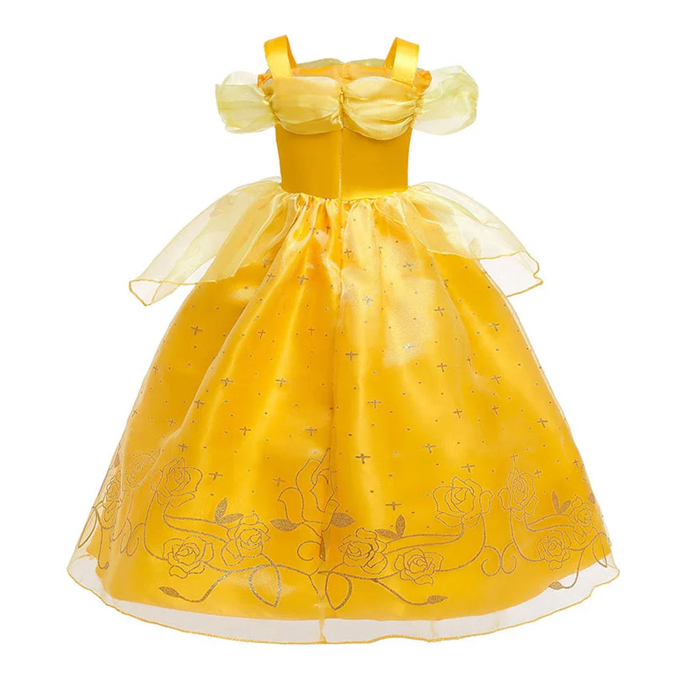 Beauty Belle Princess Cosplay Dress Girl Yellow Floral Off Shoulder Mesh Kid LED Light Halloween Costume Birthday Surprise Gift