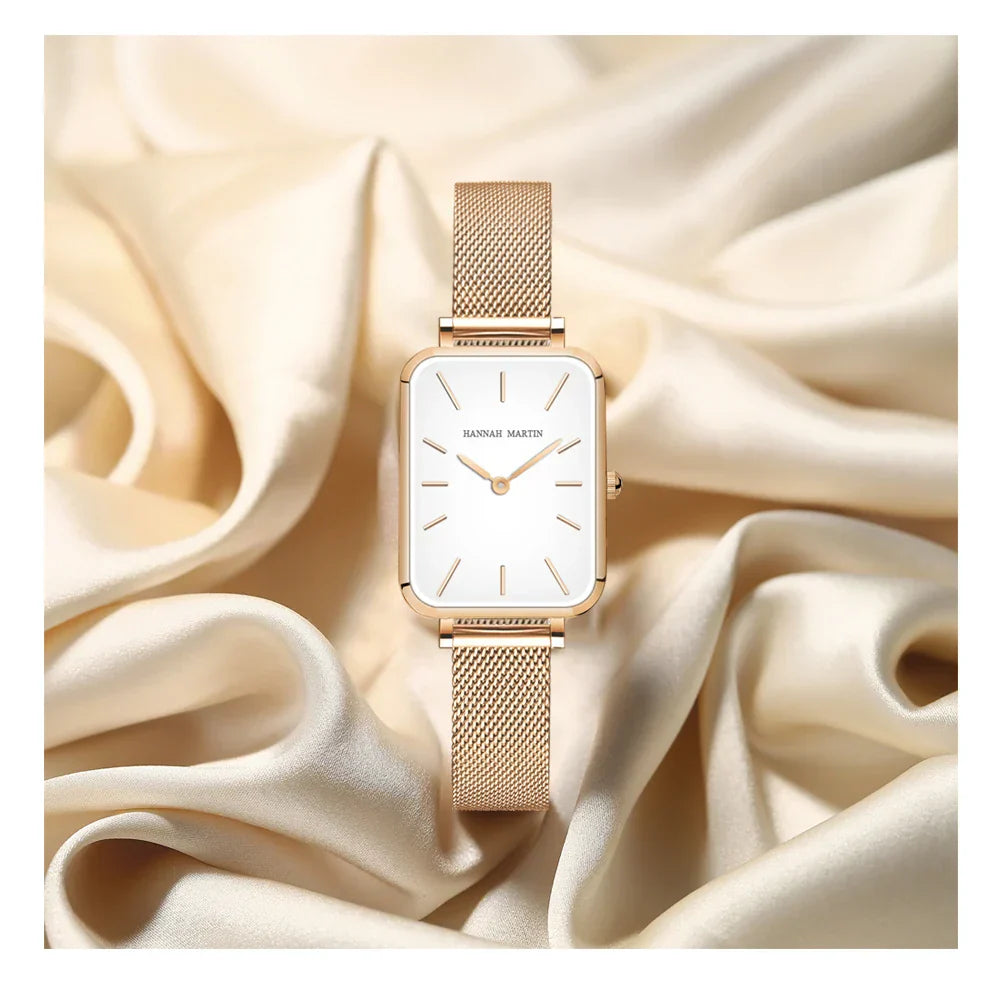 Square Women Stainless Steel Mesh Strap Watch Fashion Japanese Movement Rose Gold Simple Leisure Fashion Hannah Martin Watches