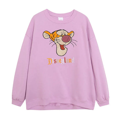 Embroidery Sweatshirt Women Casual Fleece Jumper Tigger Cheshire Cat Cartoon Loose Pullover Top O Neck