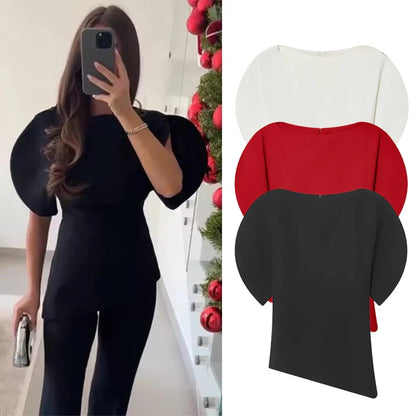 Chic Casual Short Puff Sleeve T-Shirts Women O Neck Short Sleeve Streetwear Tops Fashion 2026 Spring Elegant Tops