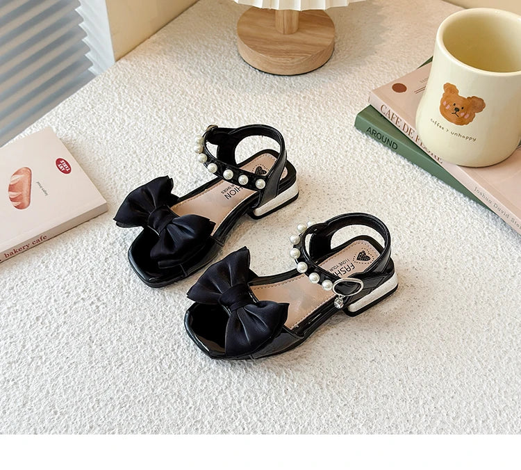 Girls Sandals Sweet Elegant Kids Dress Shoes Dance Wedding Non-slip 2025 Summer New Girls Princess Sandals Big Bows Ins Trendy