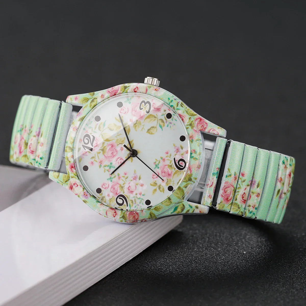 2/3PCS Fashion Flower Printed Women Quartz Wristwatches Set Ladies Casual Elastic Strap Arabic Dial Watch（Without Box）