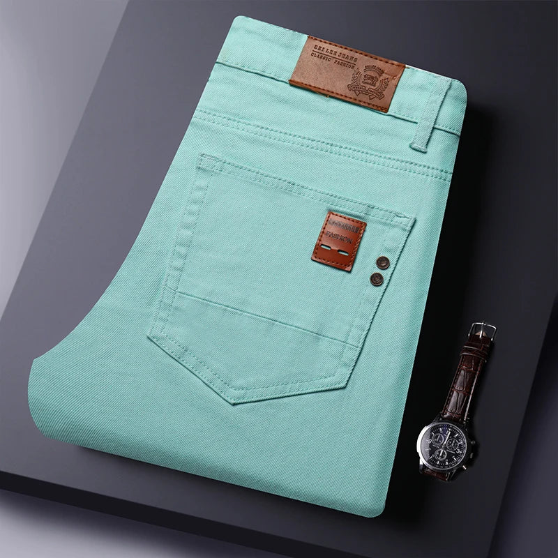2025 Autumn Men's Elastic Colorful Jeans Breathable Casual  Straight Fitted Solid Color Denim Pants Korean Fashion Trousers