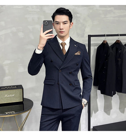 ( Blazer+Vest+Pants ) Groom Wedding Male Suit Luxury Brand Fashion Striped Men's Casual Business Office Double Breasted Suit
