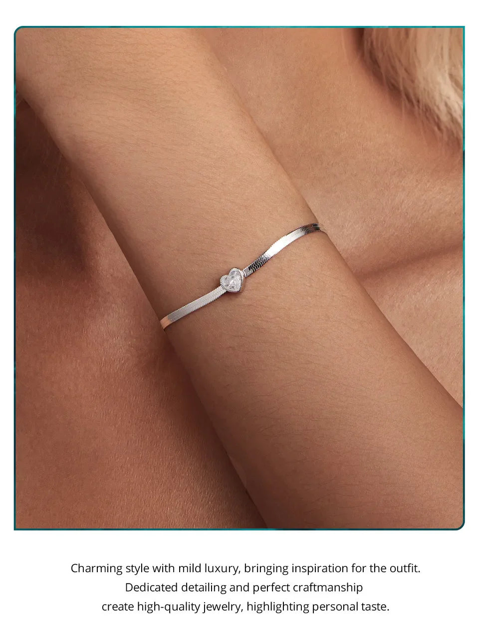925 Sterling Silver Punk Herringbone Snake Chain Bracelet Heart Blade Chain Link Platinum Plated for Women Fine Jewelry