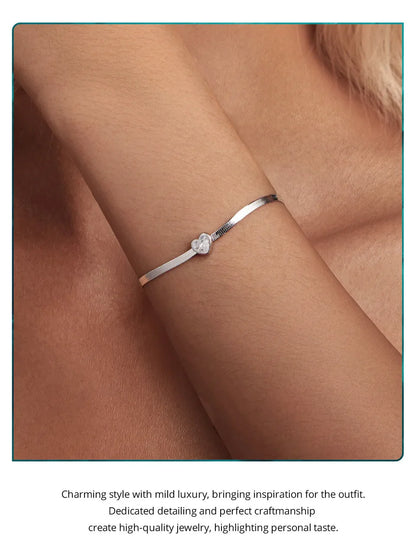 925 Sterling Silver Punk Herringbone Snake Chain Bracelet Heart Blade Chain Link Platinum Plated for Women Fine Jewelry