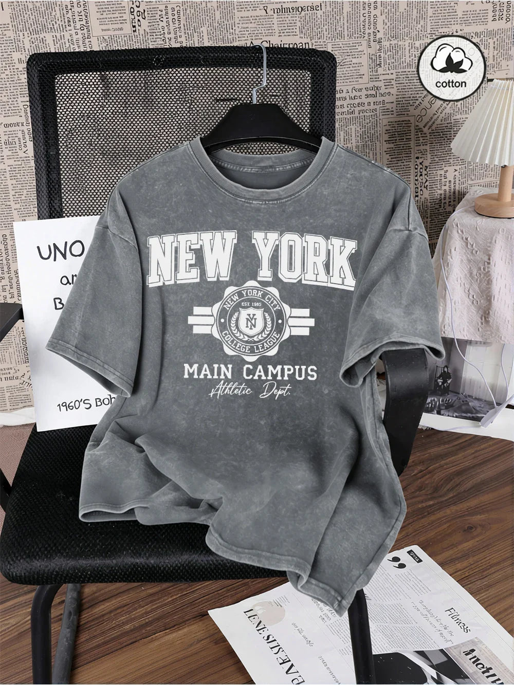 New York City Letter Printed Washed T-Shirts Men Oversize Cotton T Shirt Summer O-Neck Short Sleeve Tops Casual Male Clothes