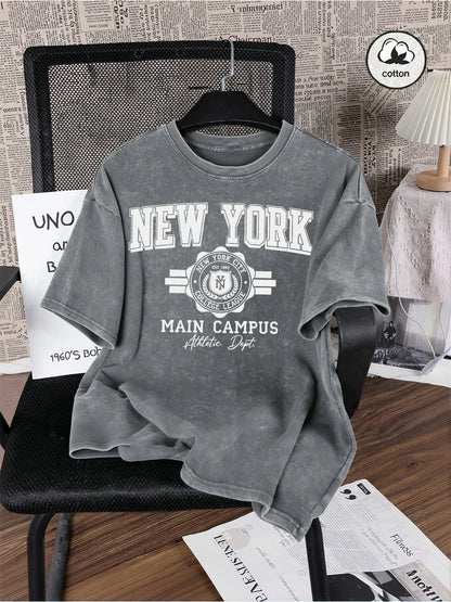 New York City Letter Printed Washed T-Shirts Men Oversize Cotton T Shirt Summer O-Neck Short Sleeve Tops Casual Male Clothes