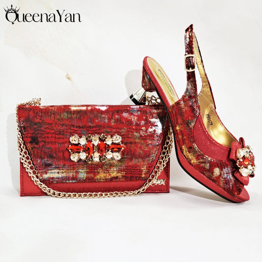 New Women High-Heel Shoes Elegant Wine Rhinestone Metallic Diamond Accents Paired with Match Handbag Exquisite Special-Material