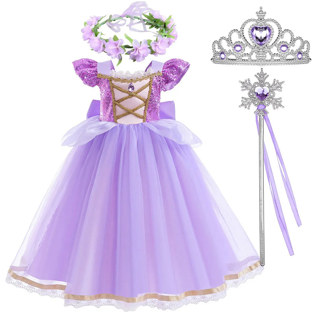 Short Sleeve Purple Puffy Dress + Accessories Girls Cosplay Rapunzel Summer Casual Dress Birthday Party Gift