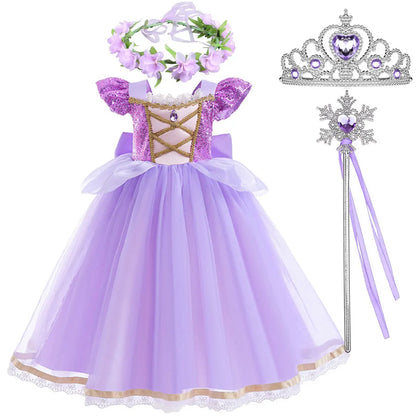 Short Sleeve Purple Puffy Dress + Accessories Girls Cosplay Rapunzel Summer Casual Dress Birthday Party Gift