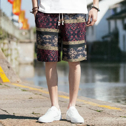 2026 Summer New Boutique Flower Cotton Linen Men's Casual Beach Shorts Men's Comfortable Breathable Leisure Shorts Male XXXXXL