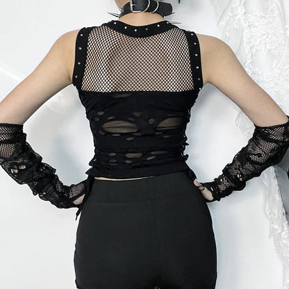 Gothic Crop Tops Punk Tanks Trendy Camisole T-Shirt Women Sexy Fishnet Backless Steampunk Vest Clubwear for Rave Party