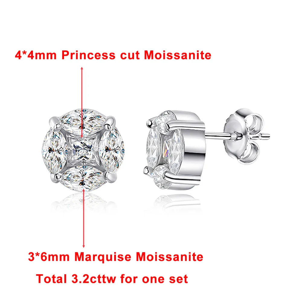10mm Cluster Star Moissanite Stud Earrings with Certificates 925 Sterling Silver Princess/Marquise Cut Diamond Earring for Women