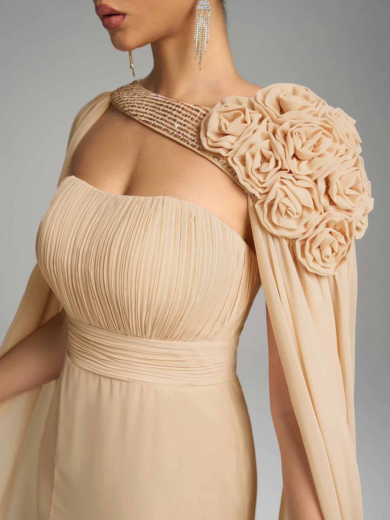 Women's Tube Top Floating Piece Sleeve Three - Dimensional Flower Slit Evening Dress