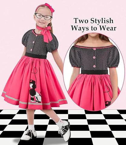 Girls Party Dresses Summer Dress Poodle Print Polka Dot Vintage Dress With Scarf Outfit Girls Casual Summer Dresses Birthday