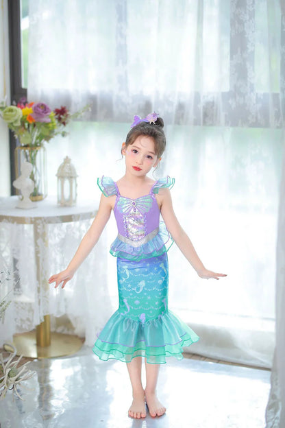 Ariel Cosplay Princess Costume Kids Cartoon Printed Dress Girls Halloween Children Carnival Birthday Party Clothes