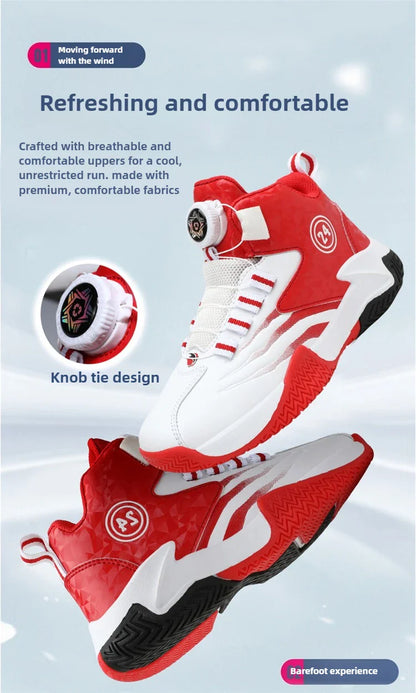 Kids Basketball Shoes Boys Rotary Buckle Sneakers Non-slip Child Trainer Basket Shoes Outdoor Children Sport Running Footwear