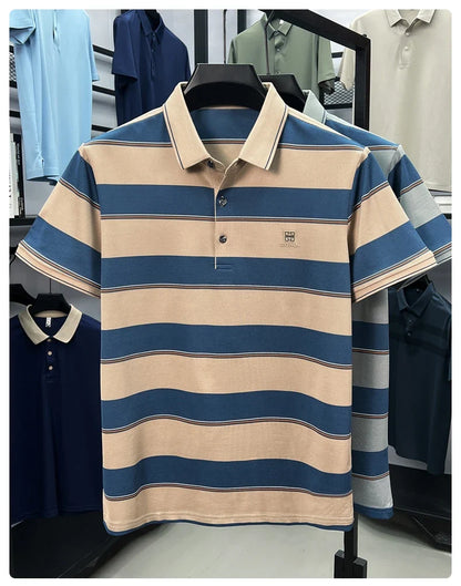 Light luxury striped color blocked short sleeve polo shirt brand symbol emboss high-end casual summer silky smooth men's T-shirt