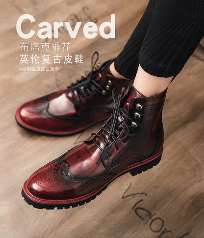 Men Lace-up High Top Brogue Carved Business Boots
