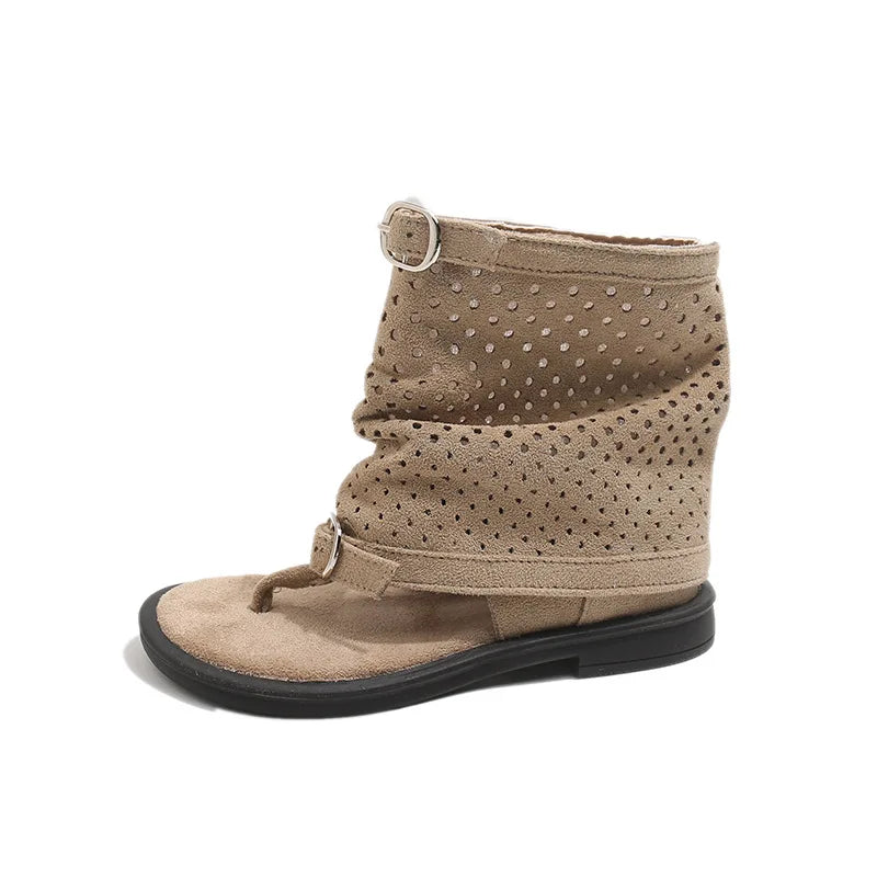 Ankle-strap Summer Slouchy Boots for Girls Suede Leather High-top Sandals Princess Cut-outs Flip Flop Dress Shoes Child J03203