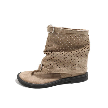 Ankle-strap Summer Slouchy Boots for Girls Suede Leather High-top Sandals Princess Cut-outs Flip Flop Dress Shoes Child J03203