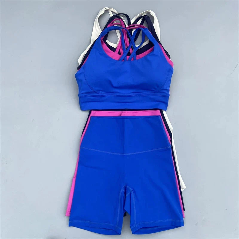 Solid Color soft gym Yoga Set short Legging +cross sport bra Tracksuit  Women Gym Suit Comprehensive Training Jogging Athletic