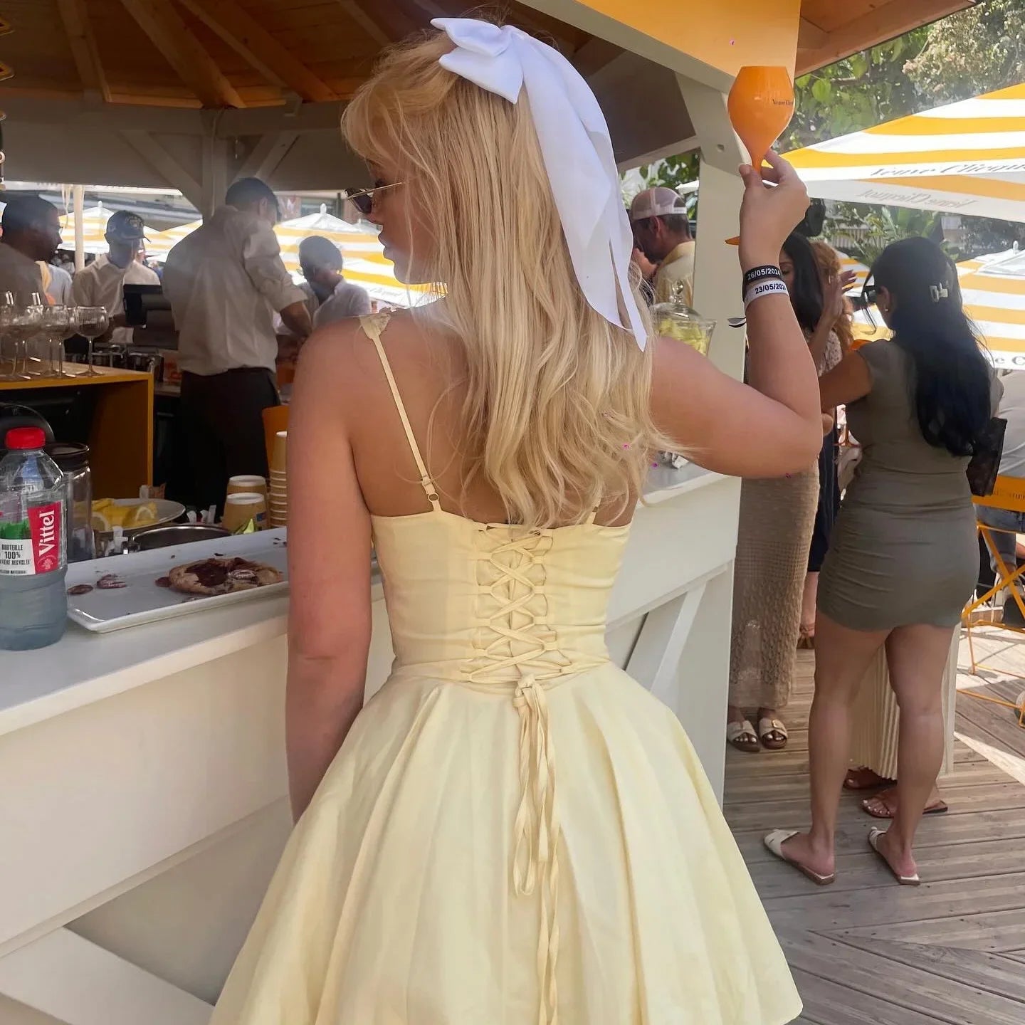 Summer Lovely A Line Dress Yellow Sexy Party Dresses Hollow Out Lace Up Elegant Holiday Dress Women