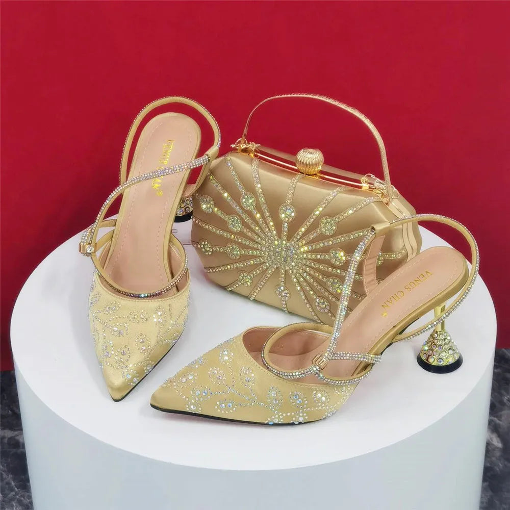 2025 Summer New Design Specials Italian Women Shoes and Bag Set Wine Color Comfortable High Heels With Rhinestone