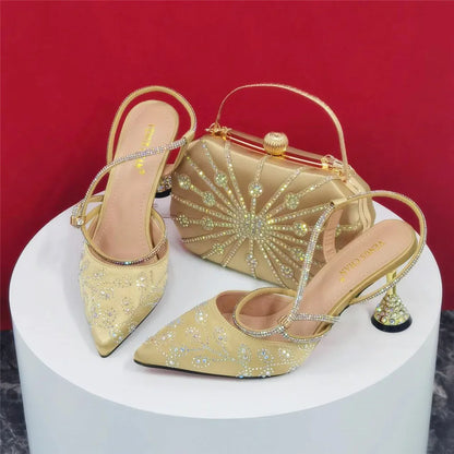 2025 Summer New Design Specials Italian Women Shoes and Bag Set Wine Color Comfortable High Heels With Rhinestone