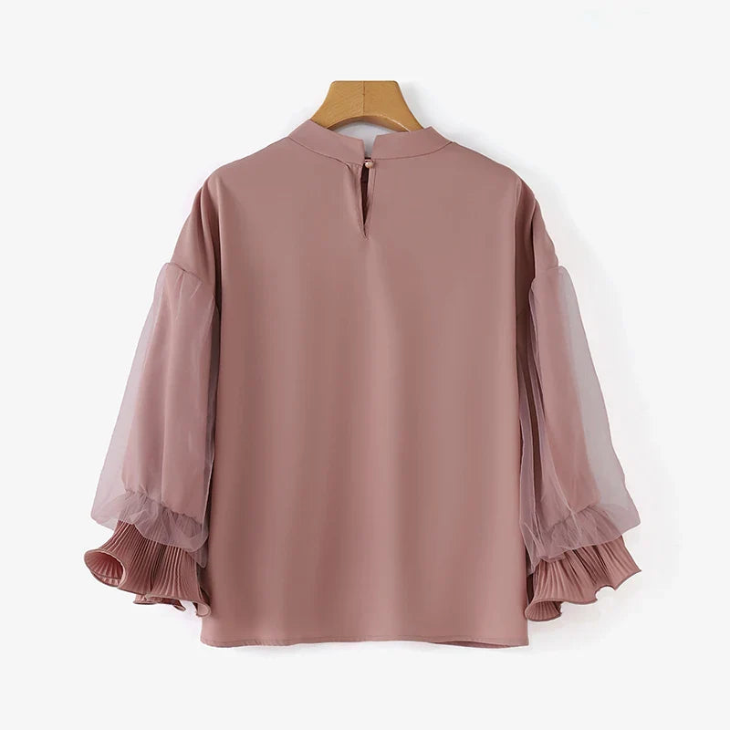 Women Elegant Party Blouse Chic Mesh Ruffle 3/4 Sleeve Tops 2025 Autumn Designer Stand Collar Shirts Korean Loose Tunics
