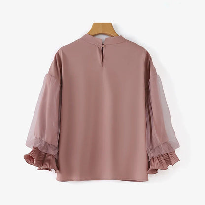 Women Elegant Party Blouse Chic Mesh Ruffle 3/4 Sleeve Tops 2025 Autumn Designer Stand Collar Shirts Korean Loose Tunics