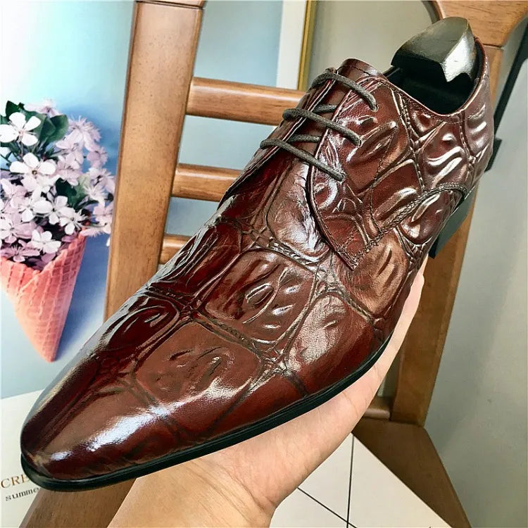 Business Men Crocodile Pattern Cowhide Genuine Leather Dress Shoes Lace Up Pointed Toe Derby Shoes Spring Wedding Formal Shoes