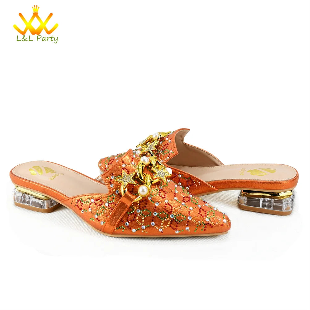 Low Heels Comfortable Sweet Style Italian Design Shoes Matching Bag Set in Orange Color High Quality with Crystal for Dress