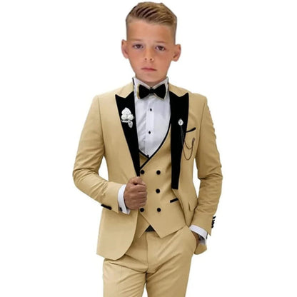 2025 Hotest Boys Formal Suit Set with Velvet Collar - One Button Blazer Vest Pants Bowtie - 3-14 Years Kids Graduation Tuxedo