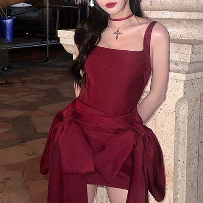 Fashion Red Bowknot Mini Dress Straps Square Collar Sleeveless Backless Vintage Cute Ladies Slim Party Short A-line Dresses